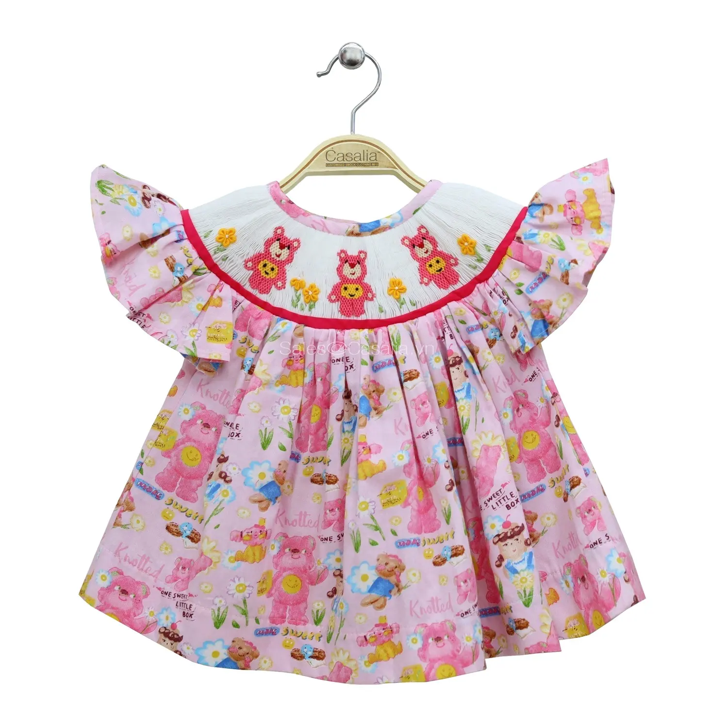 Handgemaakte Gesmokte Baby Meisje Pyjama Gebouwd In Teddybeer, Smokken Pijama Voor Meisje, Oem-Odm Sm230806pj