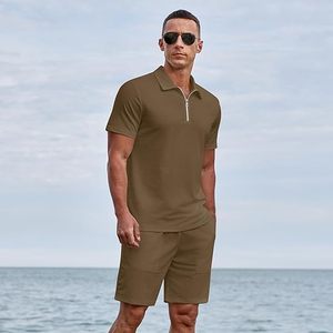 Men's Solid Color Cotton Polo Shirt & <b>Shorts</b> <b>Set</b> Casual Breathable Summer Wear t-shirt <b>set</b> Solid color - Product Image 4