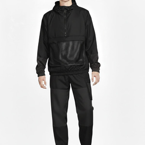 Ensemble de survêtement pour homme en polyester noir, à capuche, avec fermeture éclair sur le devant, imperméable, respirant, léger, streetwear, deux pièces, automne - Product Image 1