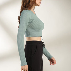 Women's Long Sleeve <b>Cropped</b> Knitted <b>Top</b> O-Neck Solid Color Sporty Fit Breathable Slim Fit Full Sleeve All Seasons Wear - Product Image 2