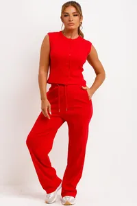 Conjunto Deportivo Casual para Mujer, Top Rosa sin Mangas con Botones y Pantalones a Juego, Color Sólido, Ligero, de Nailon/Algodón, Resistente al Viento y de Secado Rápido - Product Image 4