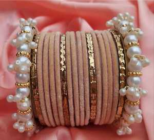 Green Velvet <b>Bangles</b> With Pearl And Gold Accents Women's Jewelry Set - Product Image 2