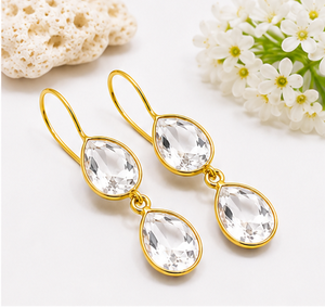 Pendientes Colgantes de Cuarzo Cristal en Forma de Lágrima, Plata de Ley 925, Chapados en Oro |   Pendientes de cuarzo transparente con forma de pera facetada |   Handma - Product Image 1