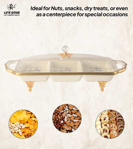 Moderno Plato de Servir de Porcelana Blanca con Diseño de 3 Secciones, Borde Dorado, Tapa Transparente y Base Dorada - Product Image 4