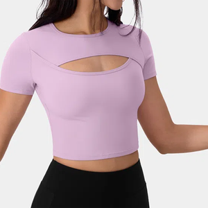 Top Corto de Punto Calado Color Durazno para Mujer, Manga Corta, Cuello Redondo, Corte Ajustado, Estilo Deportivo, para Primavera/Verano - Product Image 3