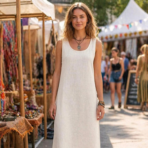 Handcrafted Linen Maxi <b>Dress</b> for Women Sustainable <b>Boho</b> Chic Sleeveless <b>Summer</b> Outfit Artisanal Off-White Casual Resort Wear - Product Image 1