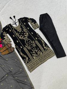 Conjunto de Pantalón y Blusa de Diseñador, Estilo Coreano, Satén de Seda, Organza Pesada, Dupatta con Bordado Rico, Estilo Bollywood, Largo hasta el Suelo, para Fiesta - Product Image 6