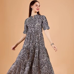 Vestido Midi Elegante y Formal para Mujer, Cuello Redondo, Estampado Floral, Chifón, Encaje Negro Sexy, Manga Corta, Ecológico, para Cóctel, Fiesta de Cumpleaños - Product Image 1