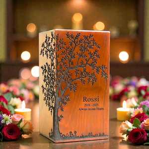 Boîte rectangulaire en bois massif faite à la main, sculptée avec un arbre de vie gravé, urne commémorative, décoration de table - Product Image 1