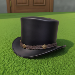 Sombrero de copa de cuero negro hecho a mano de primera calidad con banda marrón, estilo occidental, steampunk, gótico, para festivales. - Product Image 2