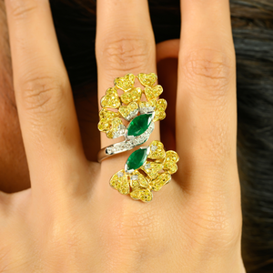 14K White <b>Gold</b> Art Deco Emerald and Yellow Diamond <b>Cocktail</b> <b>Ring</b> - Product Image 1