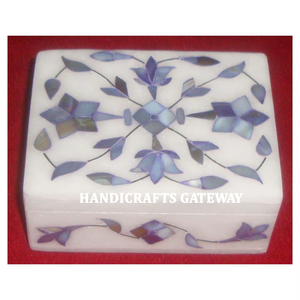 Natural Blue Mother of Pearl Handmade White Marble Rectangle Shape <b>Jewelry</b> <b>Storage</b> Box - Product Image 1