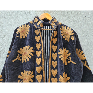 เสื้อแจ็คเก็ตบอมเบอร์กำมะหยี่เนื้อนุ่มระบายอากาศได้ดี งานแฮนด์เมด ตกแต่งลายดอกทานตะวันปัก  ผ้าฝ้ายถัก เหมาะสำหรับฤดูใบไม้ร่วงและฤดูหนาว ของขวัญสำหรับ - Product Image 4