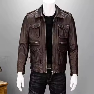 Men's Brown Genuine Leather Motorcycle Jacket Turn-down Collar Zipper Closure Regular Sleeve Solid Color Autumn Wear - Product Image 1