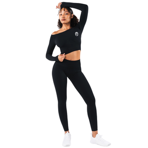 Haut court noir extensible sans coutures à épaules dénudées et manches longues pour femme, idéal pour la gym, le yoga, l'entraînement, le fitness et les tenues athleisure - Product Image 4