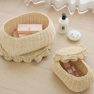 Handmade Scalloped Rattan Kid <b>Basket</b> with Bow Lid - Aesthetic Woven Toy <b>Storage</b> & Baby Keepsake Box - Product Image 5