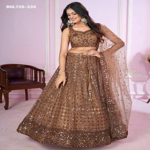 Conjunto de Lehenga Can-Can Semisellado con Red de Tela Suave de Aspecto Lujoso y Bordado con Hilo de Lentejuelas, a Precio Mayorista - Product Image 1