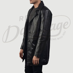 Manteau mi-long en cuir véritable noir de qualité supérieure pour homme - Trench-coat classique en peau de mouton véritable coupe ajustée avec fermeture boutonnée - Product Image 5