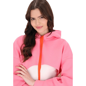 Sweat-shirt à capuche court pour femme, rose avec blocs de couleur, cordon de serrage orange, manches classiques, en molleton, style printemps - Product Image 3