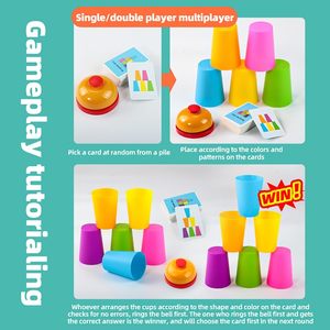 Ensemble de <span class=keywords><strong>2</strong></span> jeux de tasses empilables interactifs colorés - Entraînement mental et activité familiale compétitive avec 12 tasses, 54 cartes et cloche - Product Image 4