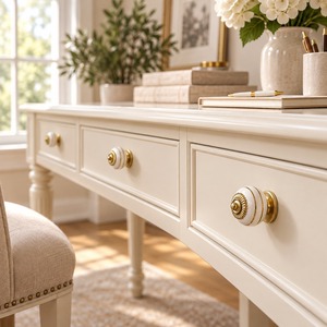 Poignée de tiroir décorative ronde en céramique or blanc ivoire de luxe SHUBHAM pour meubles - Product Image 5
