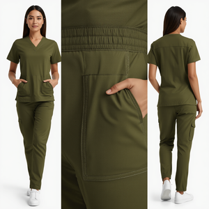 Premium Women's Olive Green Stretch Medical Scrub Uniform Modern V Neck Professional Healthcare Clothing Set - Product Image 2