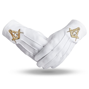 Gants en coton pur personnalisés brodés pour francs-maçons, avec compas carré doré, pour Maître Maçon et Loge Bleue - Product Image 1