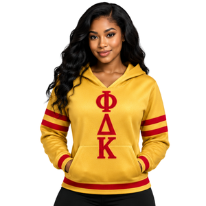 PDK Striped Sleeve <b>Hoodie</b> <b>Women</b> Gold <b>Red</b> 1923 Block Letters Pullover Hooded Sweatshirt Ribbed Waistband Sorority - Product Image 1