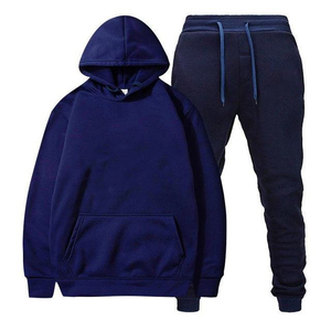 Ensemble de survêtement unisexe bleu marine à capuche 100% coton couleur unie décontracté pour l'automne, sweat-shirt et pantalon longs - Product Image 1