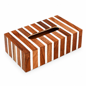 Caja de pañuelos rectangular multifuncional de madera ecológica hecha a mano con incrustaciones de hueso y diseño a rayas, estuche decorativo para servilletas - Product Image 2