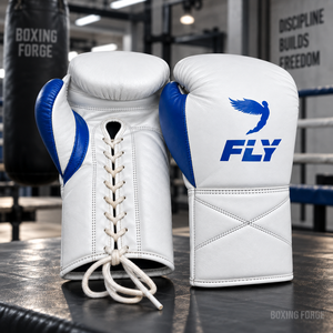 Gants de boxe en cuir Fly, gants d'entraînement lacés pour adultes, blancs avec accents rouges, design léger - Product Image 6