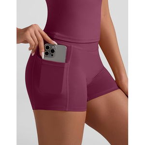 Conjunto Deportivo de 2 Piezas para Mujer, Color Ciruela, Top Corto de Manga Corta con Bolsillo, Pantalones Cortos de Cintura Alta, Tejido Sólido Transpirable, Primavera Verano - Product Image 3