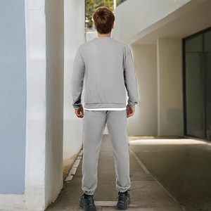 Survêtement en coton gris pour homme, sweat-shirt à col rond, pantalon de jogging, couleur unie, longueur intégrale, vêtements décontractés avec poches latérales, taille élastique - Product Image 4
