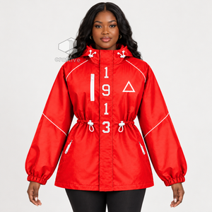 Delta |   Sigma | Chaqueta Impermeable Roja con Capucha para Mujer de Theta Sorority, Cortavientos con Cremallera Completa, Cintura Ajustable con Cordón, Abrigo Anorak para Exteriores - Product Image 5