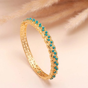 22K Gold Plated Turquoise Bangle <b>Bracelet</b> Geometric Pattern Bezel Setting Women's Classic Everyday Wear Jewelry <b>Adjustable</b> - Product Image 3