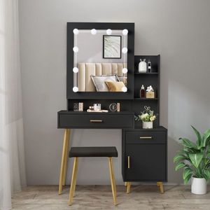 Modern <b>Dressing</b> Table Set 2 Drawers 1 Door 2 Shelves Mirror Cabinet 3 Light Bulbs Black-Triamine Veneer Particleboard Bedroom - Product Image 4
