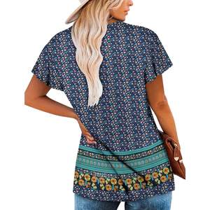 2025 femmes lin col en v Blouses nœud col été tunique hauts décontracté coupe ample taille XL - Product Image 3