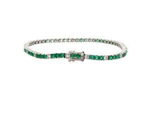 Bracelet tennis pour femme plaqué rhodium avec pierres vertes émeraude et diamants taille brillant rond sertis en canal, style classique - Product Image 1