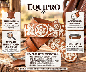 Cinturón de Cuero Bordado Estilo Bohemio Equipro con Hebilla de Aleación y Diseño a Rayas, Estilo Casual, Resistente, Polo, 3.5cm de Ancho, 110cm - Product Image 4