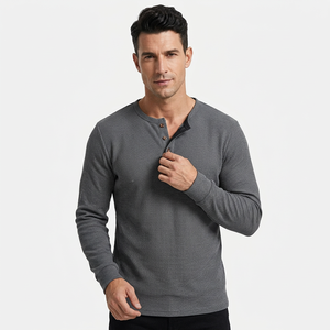 T-shirt Henley à manches longues pour homme, coupe classique, gris uni, tricoté, 100% coton, décontracté, respirant, col rond, séchage rapide - Product Image 2
