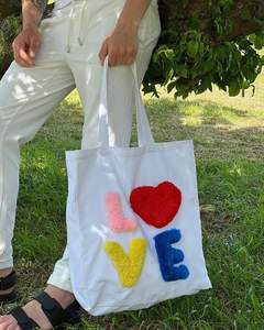 Colorful Chenille Embroidery Cotton Canvas <b>Tote</b> <b>Bag</b> Reusable Letter Patch Shoulder Handbag <b>For</b> Women Shopping Travel <b>School</b> Use - Product Image 2