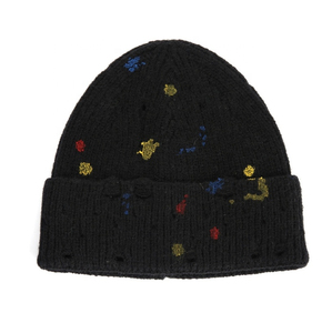 Bonnet en tricot noir avec points brodés colorés, bord côtelé, chapeau d'hiver - Product Image 1