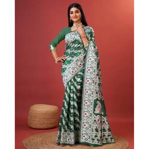 ÚLTIMO ALGODÓN ZARI TEJIDO SAREE CON BLUSA SIN COSTURA VERDE - Product Image 1