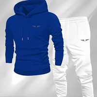 BLIZ SPORTS WEAR Setelan Olahraga Pria Biru Royal Kontras, Hoodie Ramah Lingkungan Model Longgar Musim Dingin 2 Potong dengan Logo Sayap