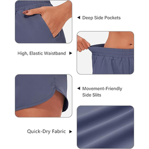 Shorts de sport pour femme en polyester respirant bleu acier, taille haute, avec ourlet incurvé, pour la course, l'entraînement et le yoga - Product Image 5