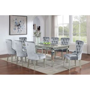 Ensemble de salle à manger 9 pièces Glamour Argent et Gris Foncé, Chaises à dossier haut capitonnées en acrylique et Table avec extension, Mobilier de salle à manger de luxe - Product Image 1
