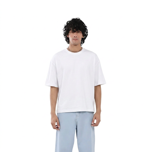 Men's Oversized <b>Cream</b> Cotton <b>T</b>-<b>Shirt</b> Short Sleeve O-Neck Solid Color Casual Jersey Knit Fit - Product Image 2