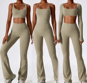 Brown 4 Piece Yoga Set <b>Crop</b> Top Mid Waist Full Length <b>Leggings</b> Seamless Four Way Stretch Spandex/Nylon Plus Size Front - Product Image 5