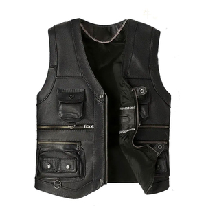 Chaleco de Cuero Genuino para Hombre, Estilo Motero, Cortavientos, Color Sólido, Cierre de Cremallera, Ropa Exterior para Otoño e Invierno, Corte Regular - Product Image 2