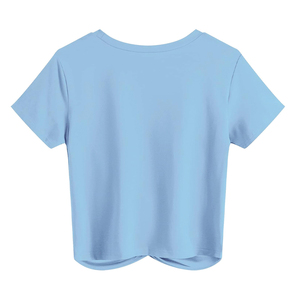 T-shirt décontracté pour femme, bleu clair uni, col rond, court, à manches courtes, tricoté, respirant, éco-responsable, boutonné, printemps-été - Product Image 2